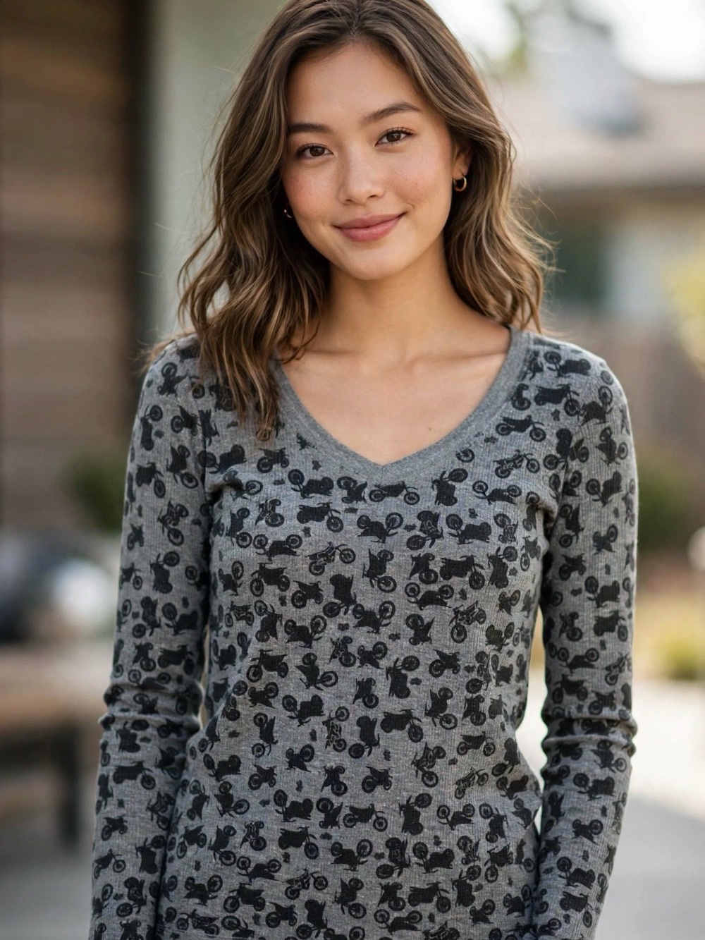 Fox Gray V-Neck Sweater with Black Moto Pattern